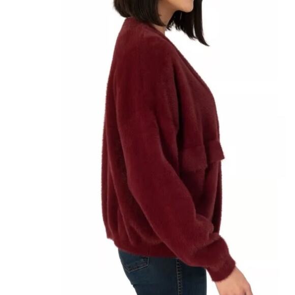 NEW KUT FROM THE KLOTH JANA FUZZY OPEN FRONT CARDIGAN WINE RED POCKETS SZ XS - Picture 7 of 11